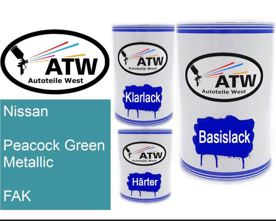 Nissan, Peacock Green Metallic, FAK: 500ml Lackdose + 500ml Klarlack + 250ml Härter - Set, von ATW Autoteile West.